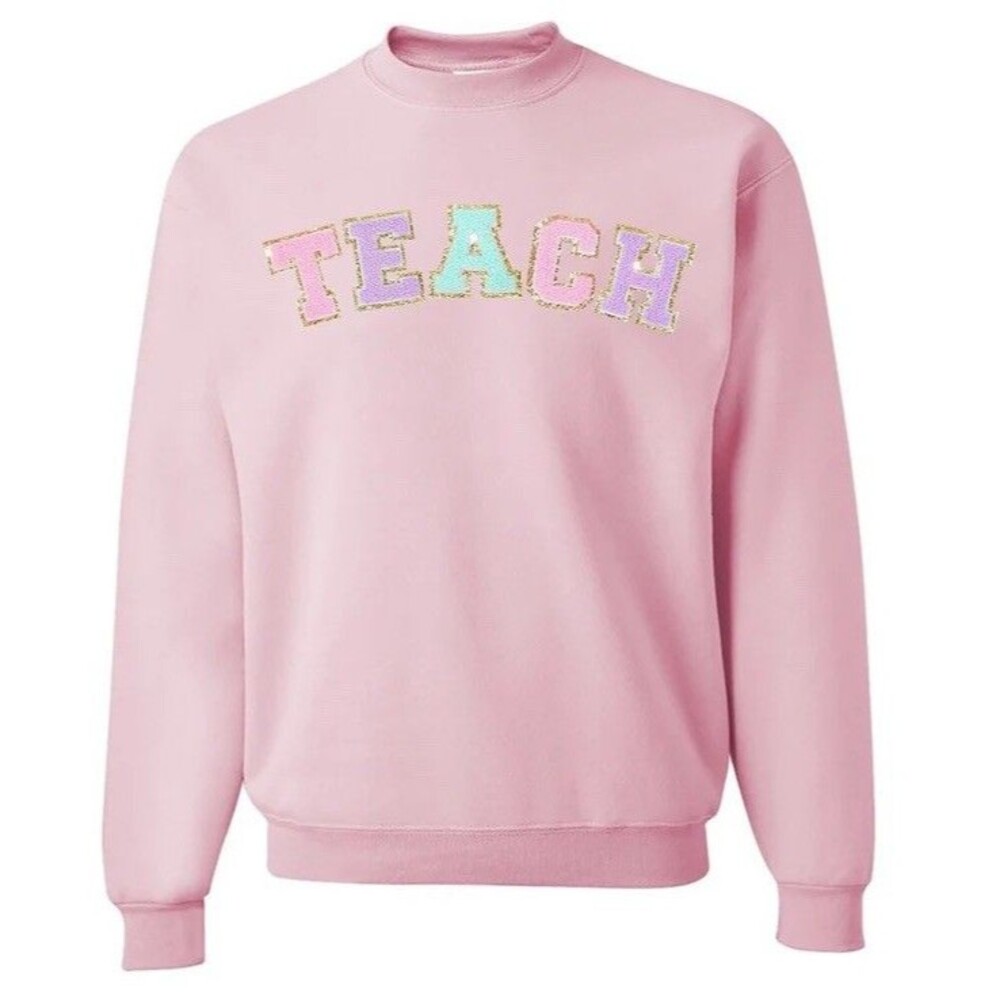 TEACH Letter Art Teacher Chic Patchwork Crewneck Gilden Sweatshirt Size Medium